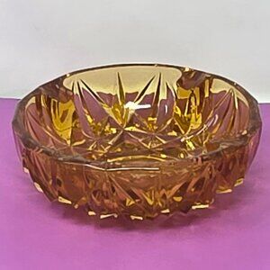 Vintage Amber Glass Crystal-Cut Ashtray With Geometric Starburst Design